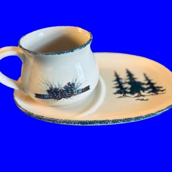 RARE HTF HOME & GARDEN PARTY RUSTIC NORTHWOODS PINECONE SOUP MUG - Picture 1 of 4